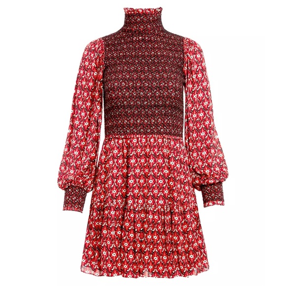 Alice + Olivia Elvira Tiered Long Sleeve Smocked Mini Dress in Red/Black Size 4 - Picture 4 of 16